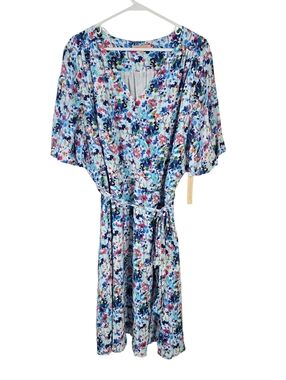 New Gibson Latimer Floral Wrap Bodice Dress XL Flutter Sleeves Tie Waist